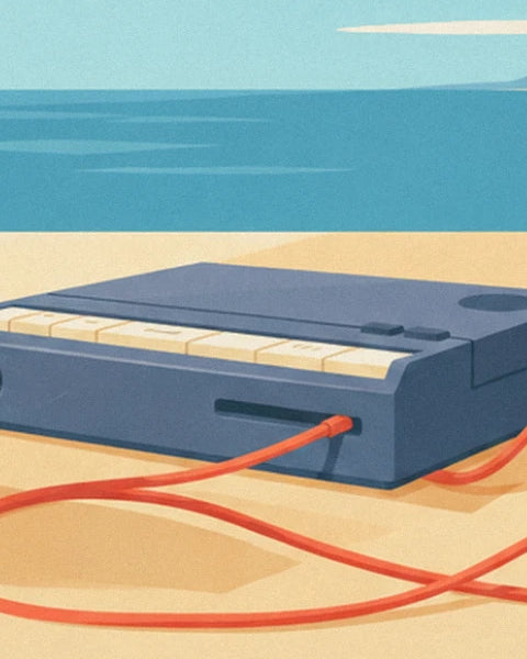 Le baladeur bleu nuit aux touches crème, câble rouge sur le sable devant la mer
