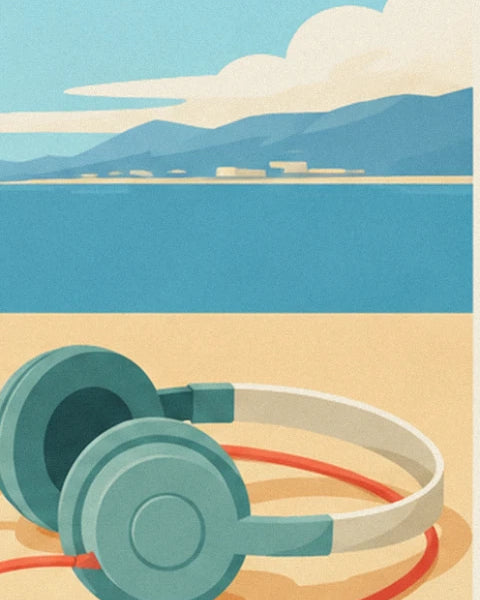 Le casque vert d'eau posé sur le sable, son câble rouge, la baie et les montagnes au loin