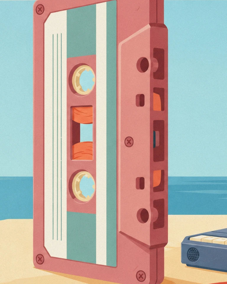 La cassette rose et verte dressée sur le sable, face à la mer