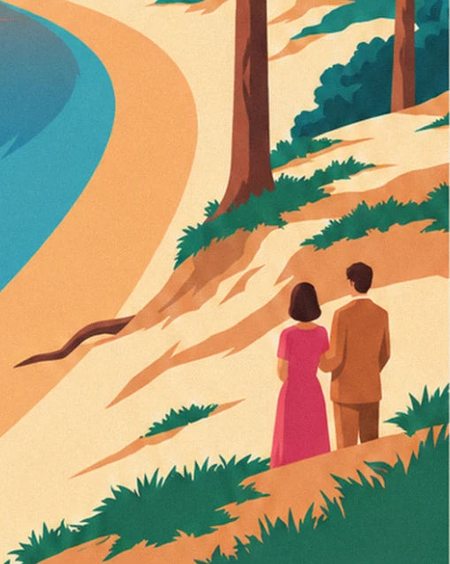 The couple seen from behind in a pink dress and camel jacket on the sand dune