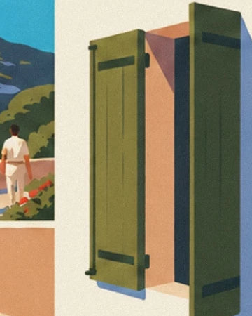 Les volets verts ouverts sur une façade claire et un personnage vêtu de blanc