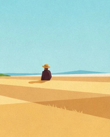Un personnage au chapeau de paille dans le champ doré sous un ciel bleu