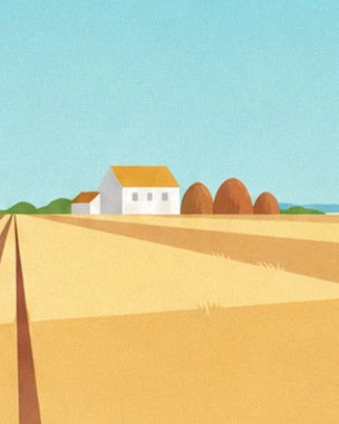 La ferme blanche au toit ocre et les meules brunes au bord du champ doré