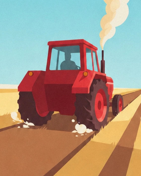 Le tracteur rouge et son conducteur, entre les sillons du champ doré