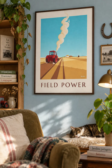 Affiche tracteur agricole rouge labourant un champ doré : encadrée au mur