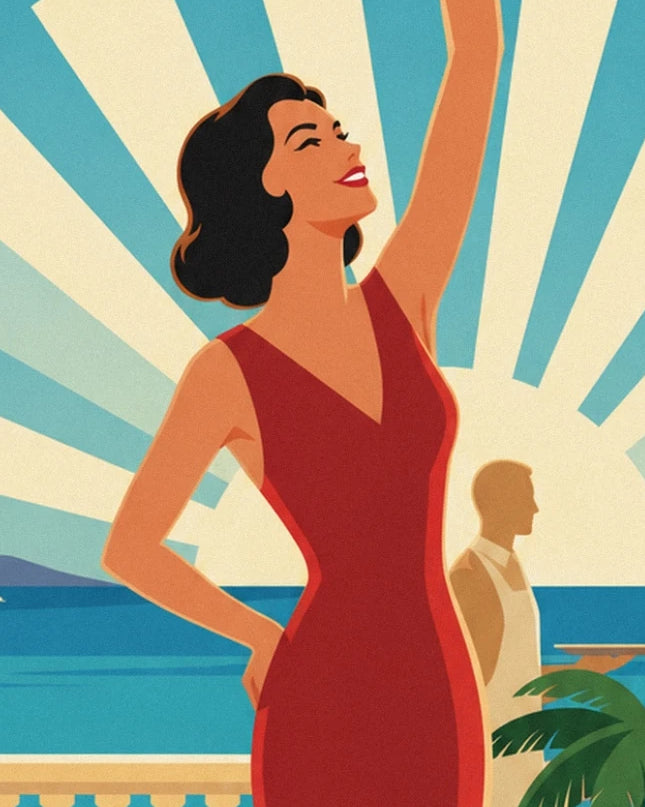 La femme brune en robe rouge, le bras levé devant la mer turquoise