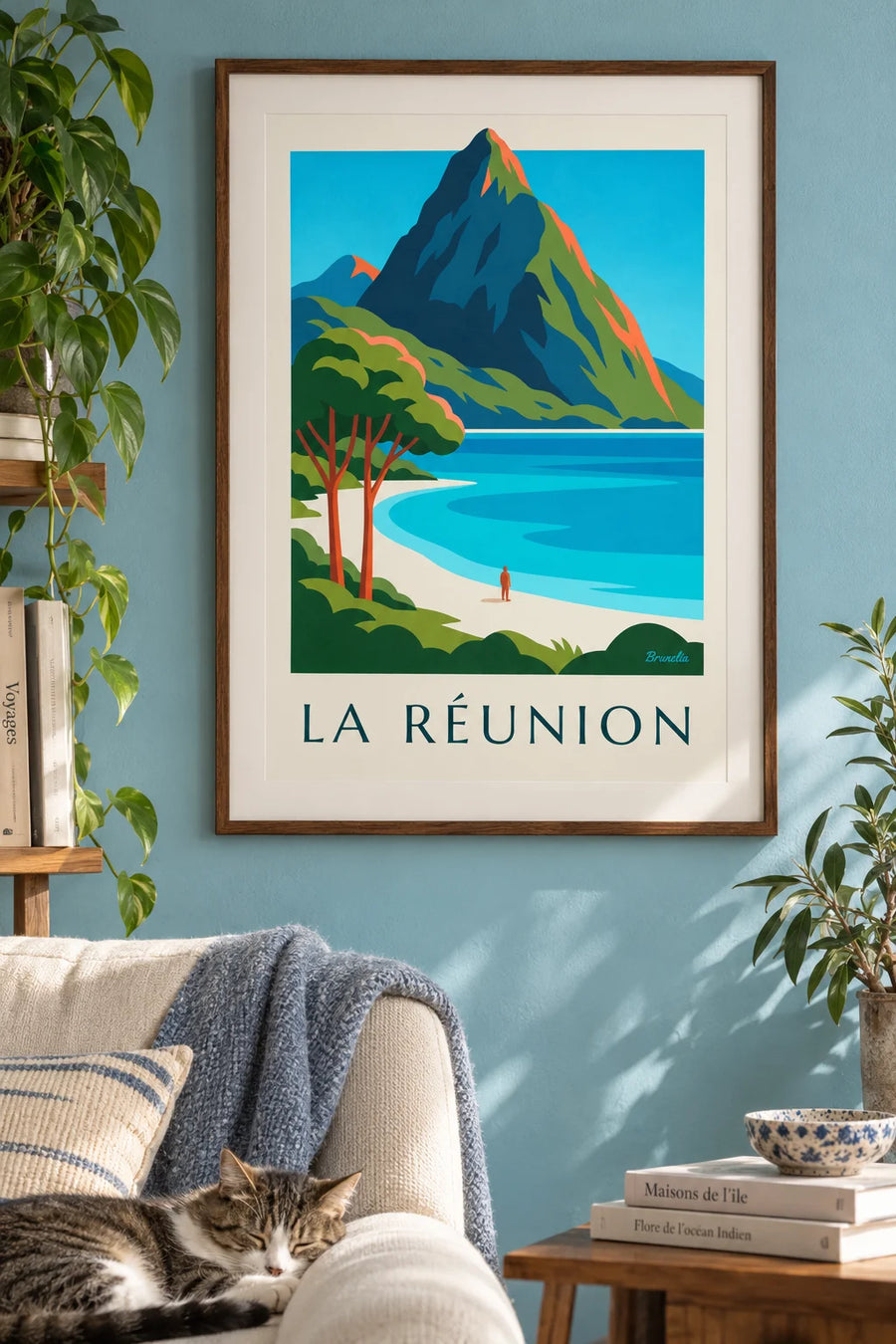 Lagoon and Piton des Neiges on Réunion Island poster: framed on the wall