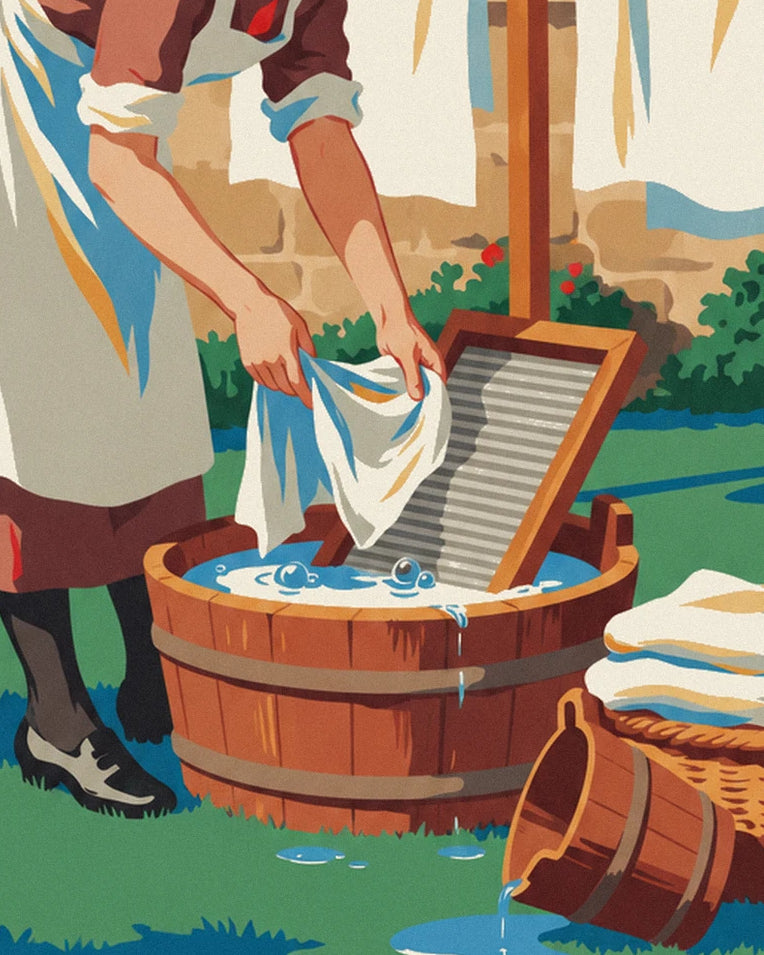 Affiche femme et planche à laver dans une cour ensoleillée : détail en gros plan