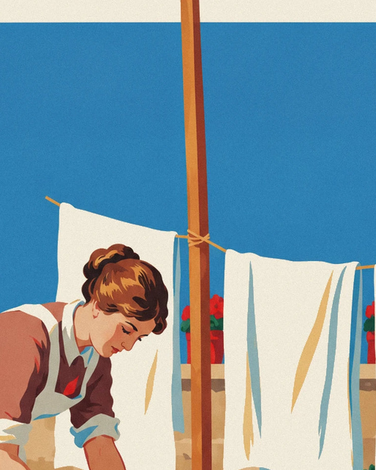 Affiche femme et planche à laver dans une cour ensoleillée : détail en gros plan