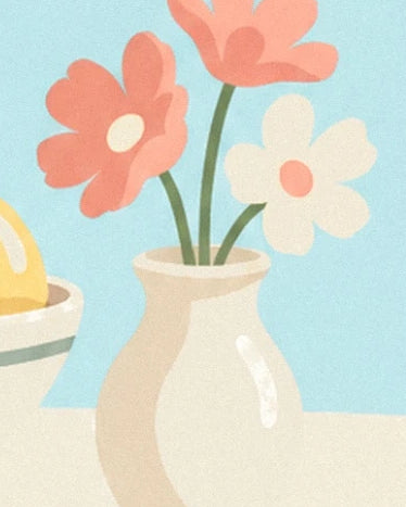 The coral and cream flowers with green stems in a rounded beige vase