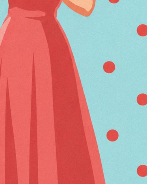 La jupe plissée rouge corail sur fond turquoise semé de pois rouges
