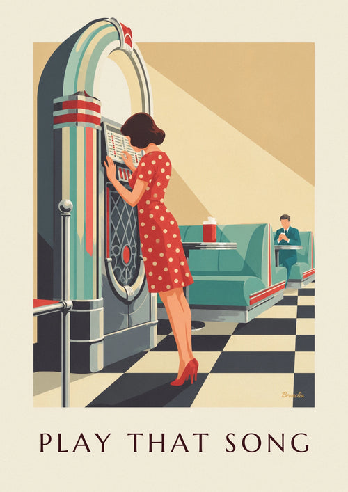 Affiche femme en robe à pois choisissant une chanson au jukebox : l'affiche entière
