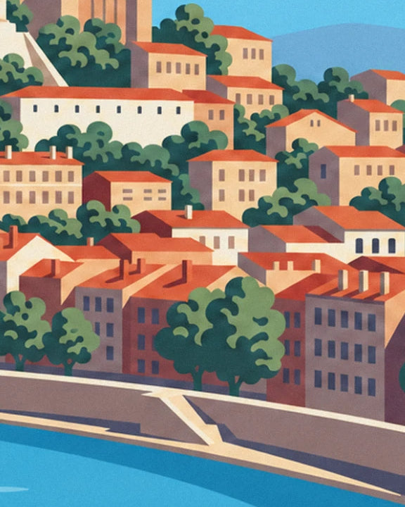 The ochre façades and orange roofs of Vieux Lyon, stepping down the hill to the quay