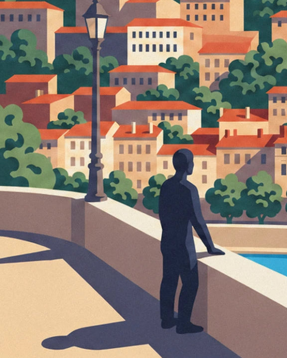 A walker in midnight blue silhouette leaning on the parapet, near the street lamp above the Saône