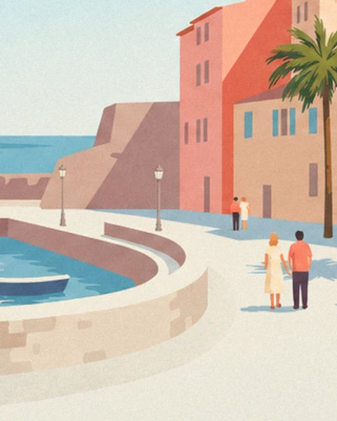 A couple strolling along the white quay, beside the harbour basin and fort