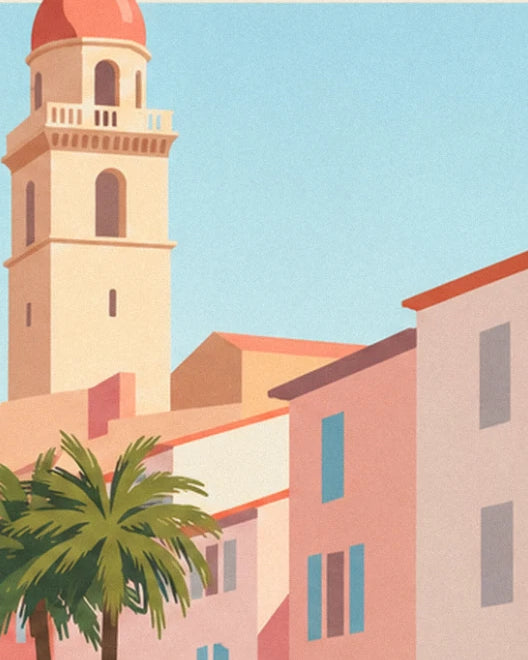 The ochre bell tower with its pink roof above pink houses and a palm tree
