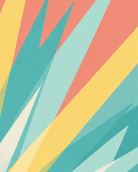 A fan of tapered golden yellow and sea green rays between coral points