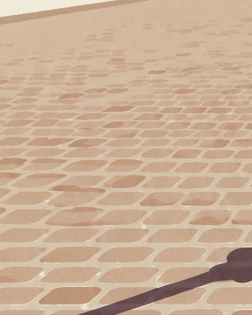 The sandy and pink cobblestones crossed by the long shadow of a street lamp
