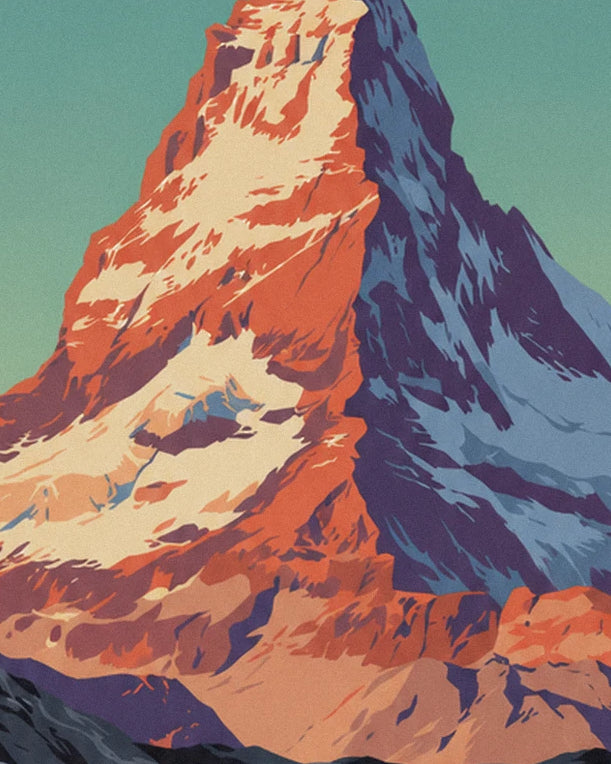 The rock faces of the Cervin in shades of orange, cream and violet-blue