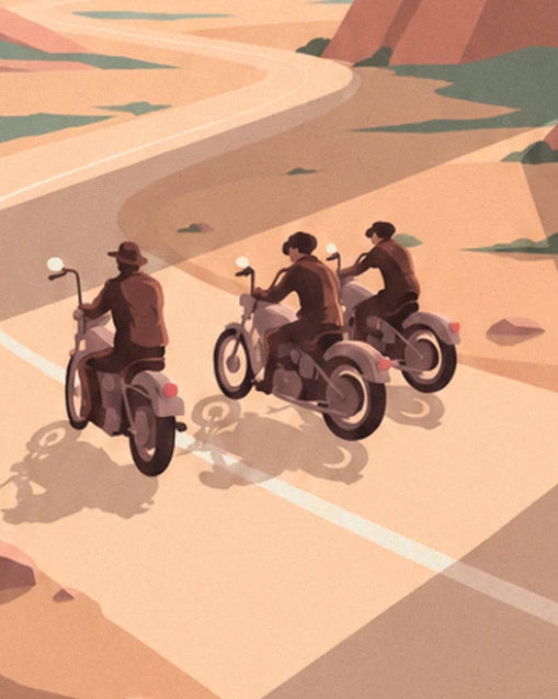The 3 motorcyclists in brown jackets, one wearing a hat, on the winding canyon road