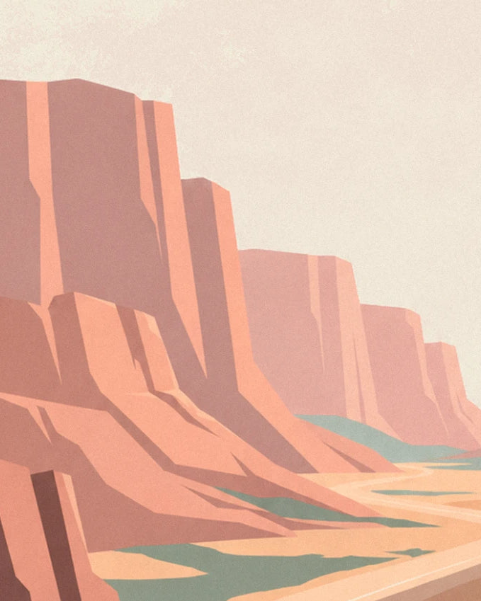 The canyon's pink sandstone cliffs, tiered down towards the green valley in the distance