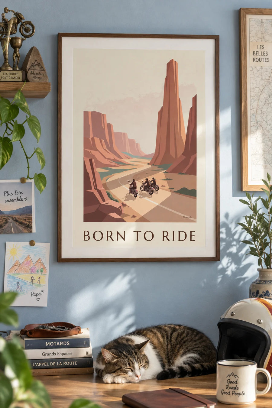 Poster of 3 custom motorcyclists on a canyon road: framed on the wall
