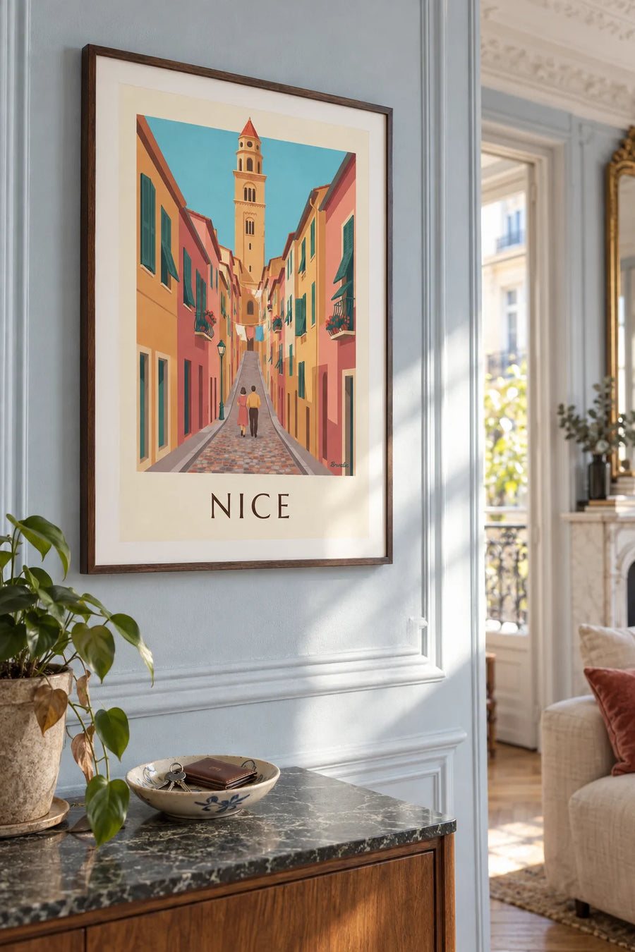 Affiche ruelle colorée du Vieux-Nice et clocher de Sainte-Réparate : encadrée au mur