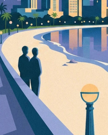 La promenade courbe avec 2 silhouettes et un lampadaire au globe doré