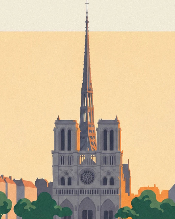 The façade of Notre-Dame and its slender spire against a golden sky