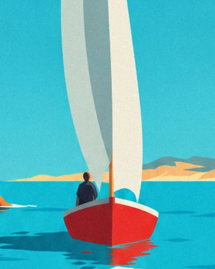The red sailing boat with white sails and its passenger on the turquoise sea