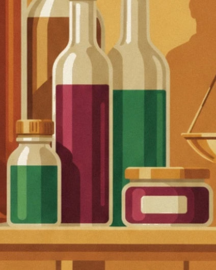 Des flacons de pharmacie aux liquides vert et pourpre, près d'un pot à étiquette crème