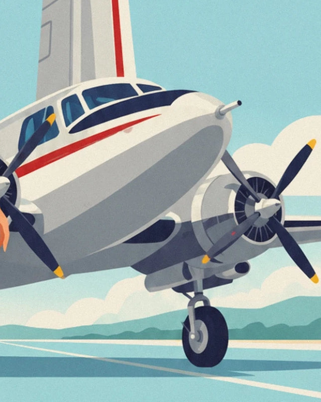 The silver nose of the aeroplane, its red stripe and yellow-tipped propellers