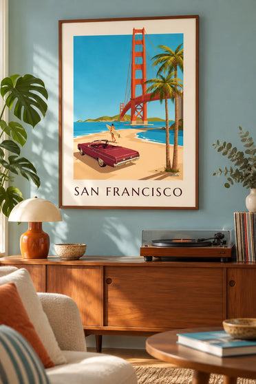 San Francisco Golden Gate convertible poster : framed on the wall