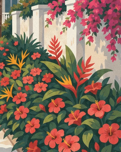 The red hibiscus and pink bougainvillea flowers against the white wall