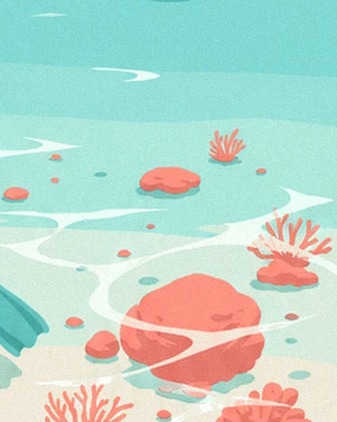 Les coraux rose orangé sur le sable clair, sous les reflets blancs du lagon
