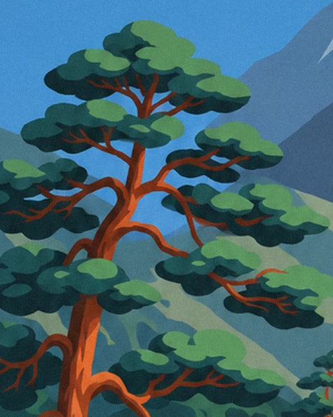 Un pin aux branches brunes et aux touffes vertes, devant les montagnes bleutées