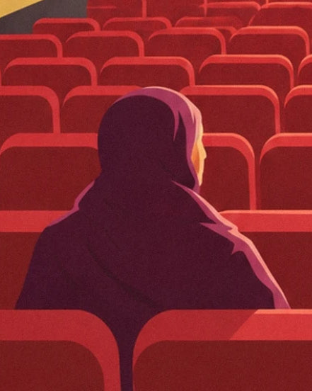 A figure seen from behind among the rows of red cinema seats