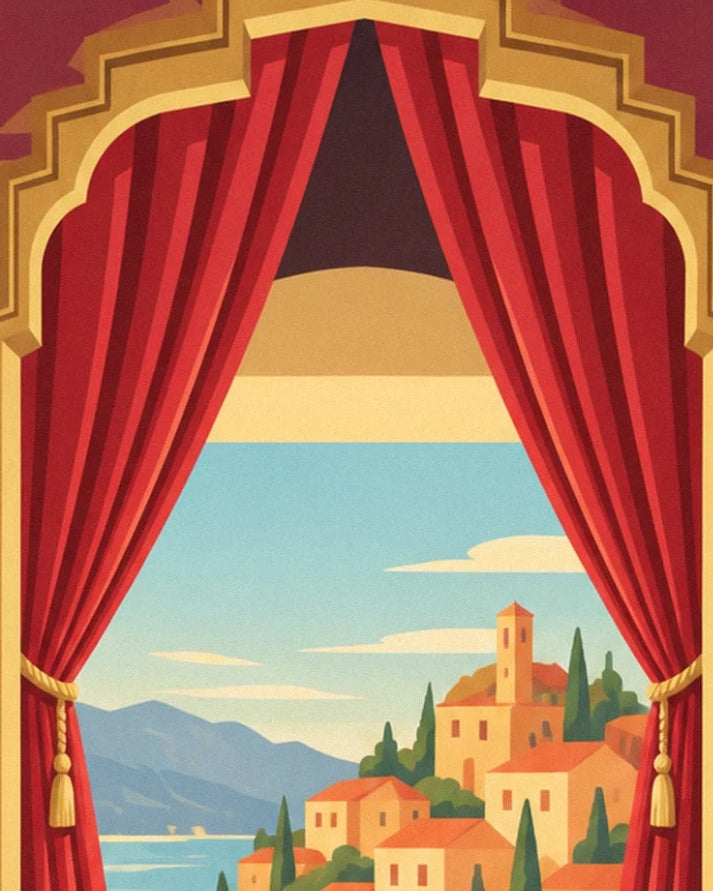 Red and gold cinema curtains opening onto a village by the water