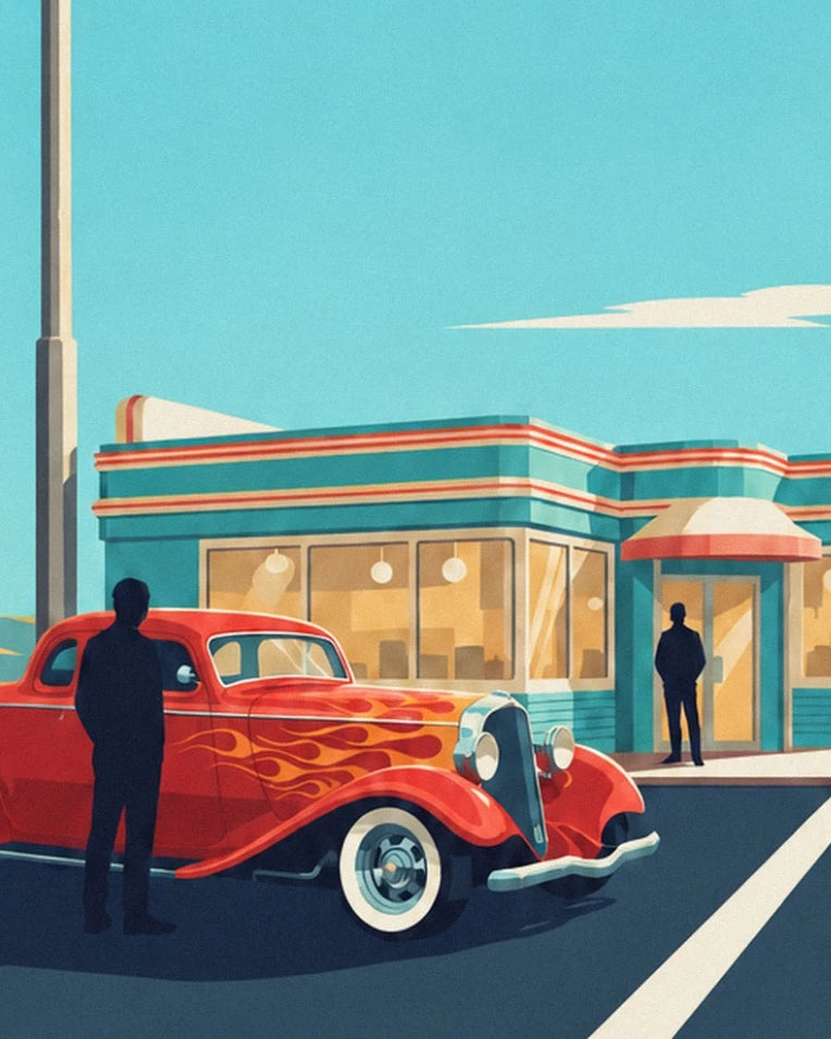 Affiche voiture hot rod devant un diner rock and roll : détail en gros plan