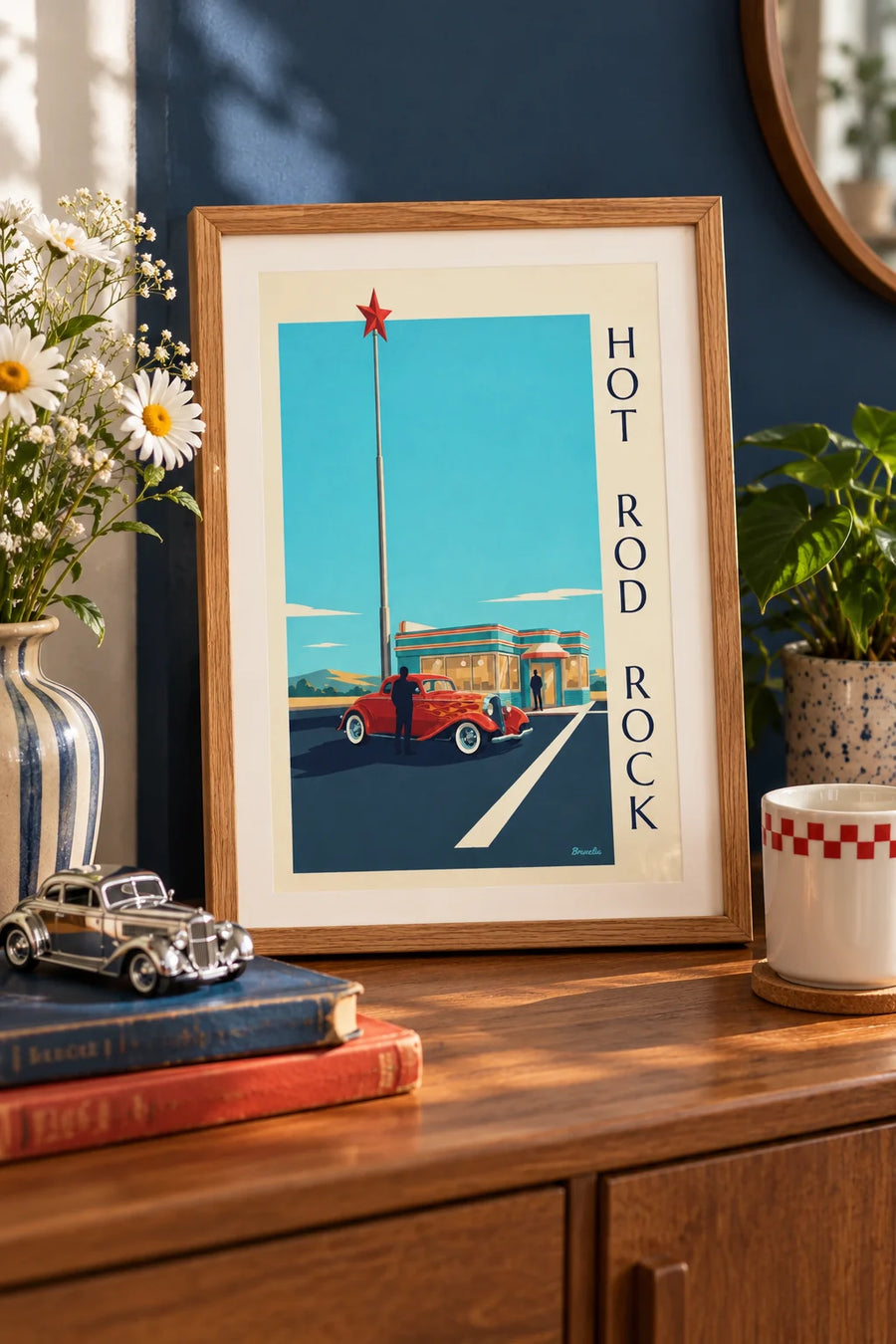 Affiche voiture hot rod devant un diner rock and roll : petit format A4 encadré