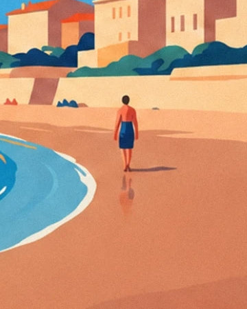 A woman in swimwear seen from behind at the water’s edge, facing the ochre façades of Royan