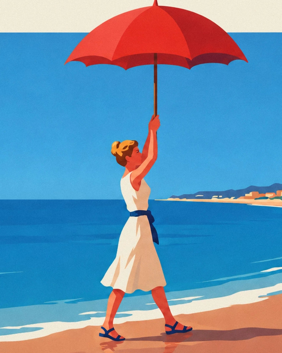 A woman in a white dress and blue sandals beneath a red parasol on the beach