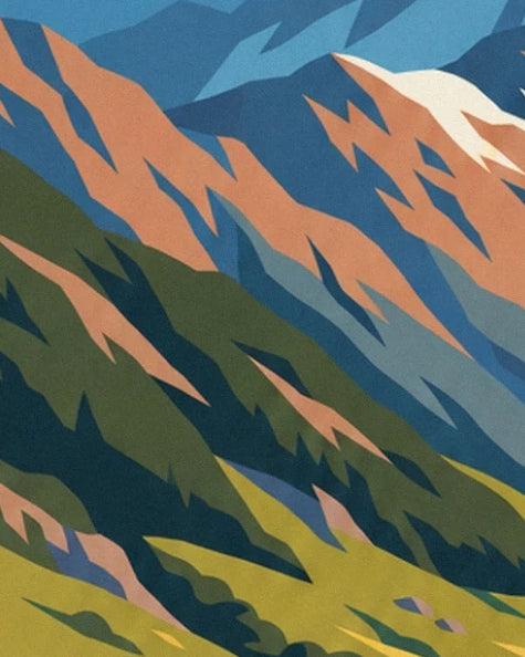 Steep slopes with orange rocks and blue shadows beneath a snowy peak