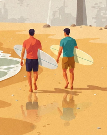 The 2 surfers seen from behind, with their boards under their arms and their reflections on the wet sand