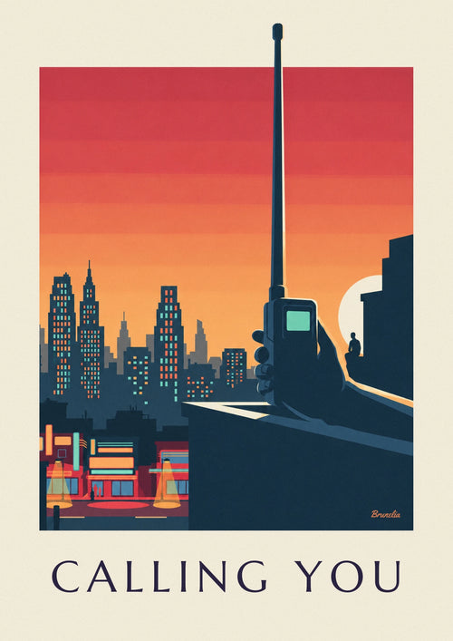 Poster of an old mobile phone with antenna in front of the city: the full poster