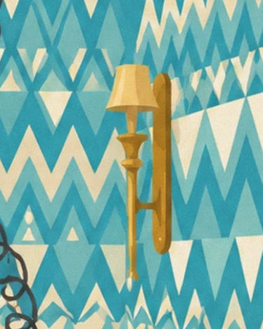 The gold wall light with a yellow shade against the turquoise-patterned wallpaper
