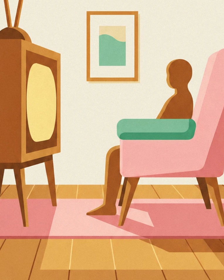 Affiche téléviseur à tube en bois dans un salon pastel : détail en gros plan