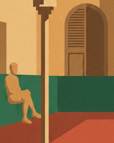 A figure sitting beside the court, between a post and an ochre façade with green walls