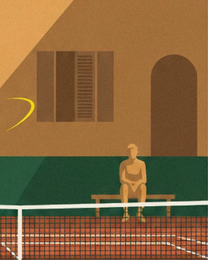 A figure sitting on a bench behind the net, in front of an ochre façade