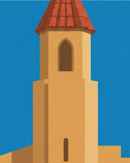 The ochre tower with a red roof and pointed-arch window against a blue sky